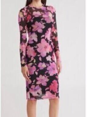 AFRM Goddess Long Sleeve Mesh Midi Dress in Black Pink Floral Size XL NWT
